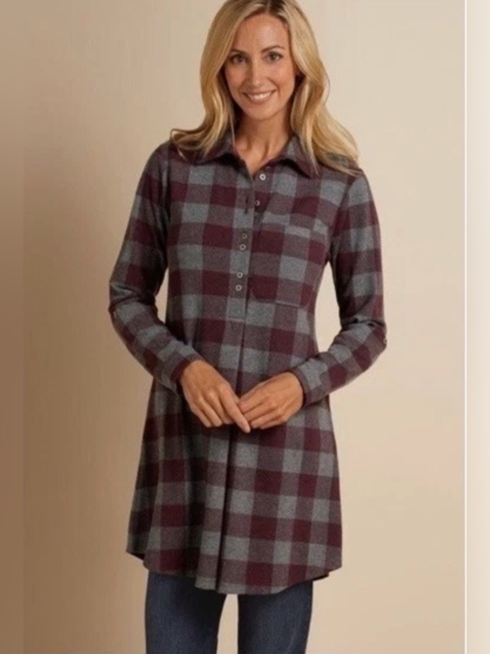 SOFT SURROUNDINGS Mad About Plaid Tunic Burgundy/Gray Size XL